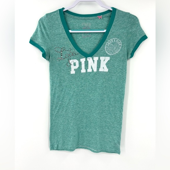 PINK Victoria's Secret Green V-Neck Tee Collegiate Y2K - Picture 1 of 8